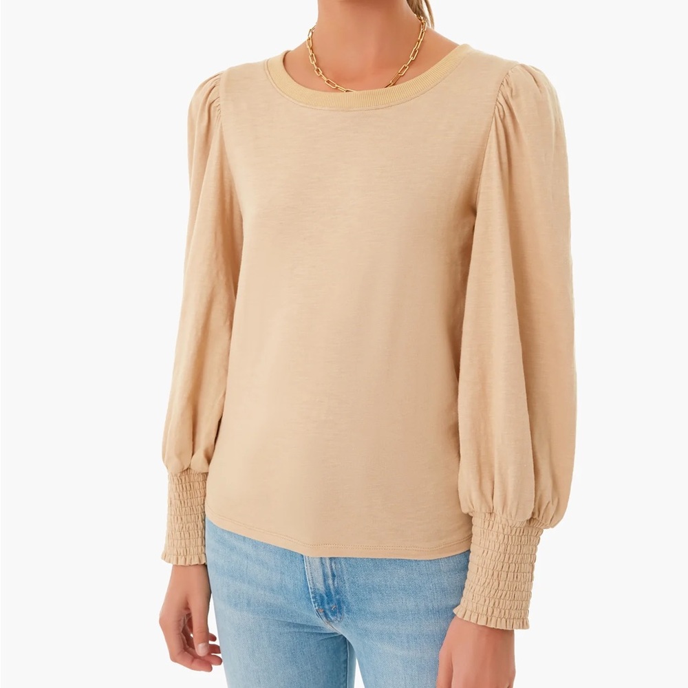 Pomander Cream Tan Ruched Puff Sleeve long sleeve shirt Blouse